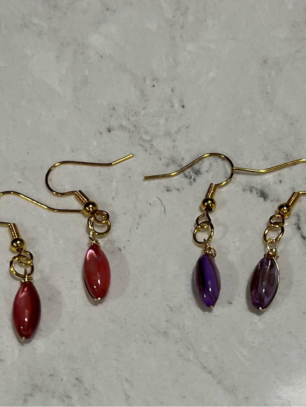 Delicate Gold Drop Earrings with Red and Purple Beads- Handmade